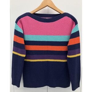 WoolOvers Sweater Womens Small Navy Multicolor‎ Striped 100% Lambswool Boat Neck
